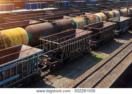 Freight Trains On City Cargo Terminal. Railways In Train Parking. Arain Arrived At The Station. Carg