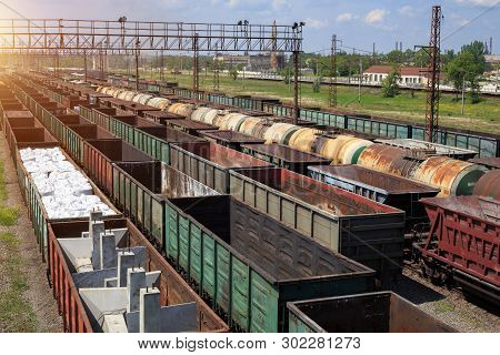 Freight Trains On City Cargo Terminal. Railways In Train Parking. Arain Arrived At The Station. Carg