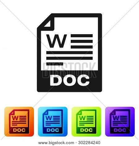 Black Doc File Document Icon. Download Doc Button Icon Isolated On White Background. Doc File Extens