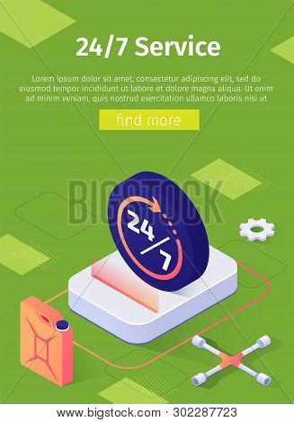 Online 24 To 7 Service Poster. Scheduled Signboard, Steel Tank With Fuel, Oil Or Gasoline Isometric,