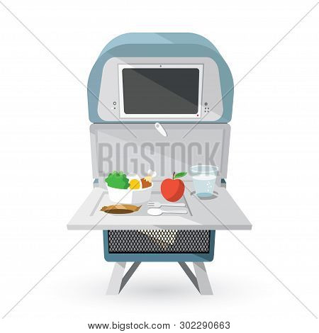 Airplane Seat With Opened Tables, Food And Drink - Vector Illustration - Vector