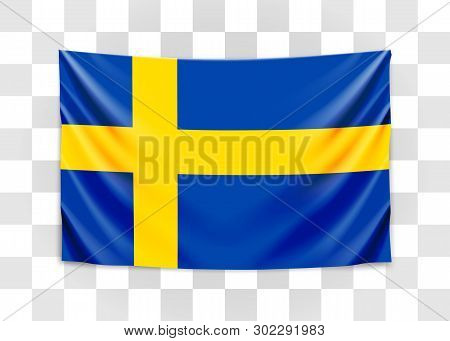 Hanging Flag Of Sweden. Kingdom Of Sweden. National Flag Concept.