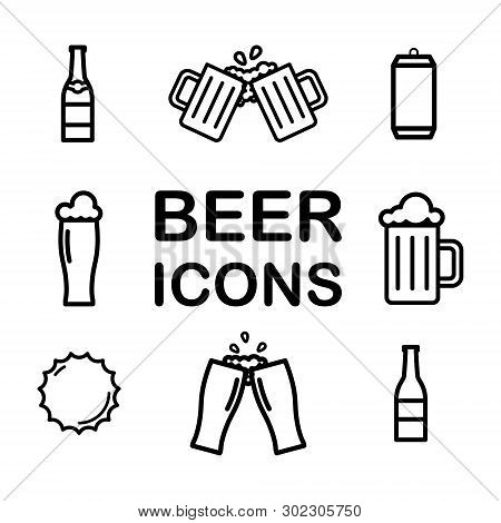 Set Of Beer Line Icons. Alchohol, Drink, Pint, Glass, Bottle, Can