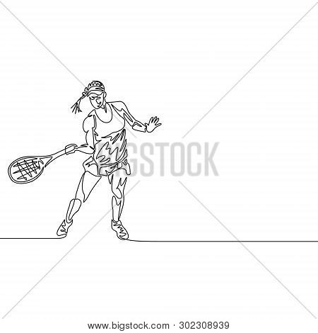 Continuous Line Drawing Woman Tennis Player Going To Hit The Ball