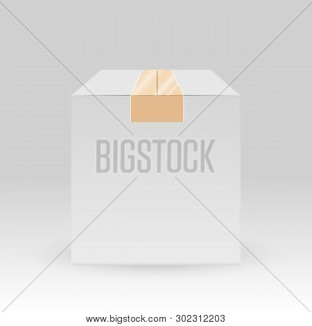 Blank White Box With Adhesive Scotch Tape. Delivery Packaging Box.