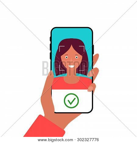 Facial Recognition Technology On Mobile Phone. Using Of Biometric Identification. Mobile App For Fac