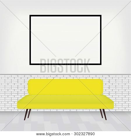 Modern Interior Of Room With Stylish Sofa And Big Pictur Frame For Your Design. White Brick Wall  In