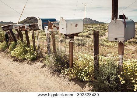 Row Of Old U.s.mail Boxes Along Route 66, Arizona, Usa