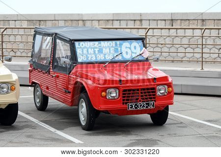 Nice, France - May 21, 2019: Vintage Red Citroen Mehari (front View) French Car Parked In A Parking 