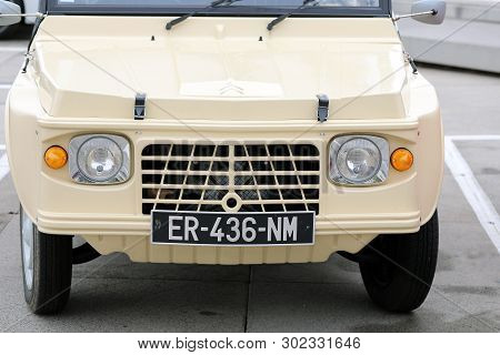 Nice, France - May 21, 2019: Vintage Beige Citroen Mehari (front View) French Car Parked In A Parkin