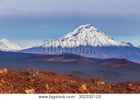 Snow- Capped Mount Bolshaya Udina, Volcanic Massive, One Of The Volcanic Complex On The Kamchatka Pe