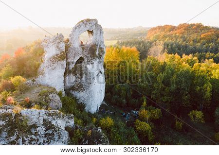 A Panoramic View Of The Unique Okiennik Rock In Poland With A Large Natural Window