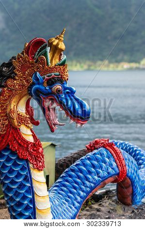 Bali, Indonesia - February 25, 2019: Ulun Danu Beratan Temple Complex In Bedoegoel. Closeup Of Blue 