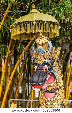 Bali, Indonesia - February 25, 2019: Ulun Danu Beratan Temple Complex In Bedoegoel. Closeup Of Black