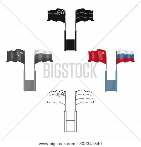 Russia And China Flags Icon In Cartoon, Black Style Isolated On White Background. Interpreter And Tr