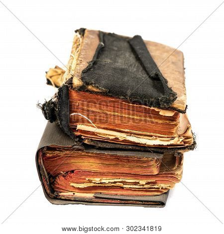 Two Ancient Books Isolated On White Background With Clipping Path, Angle Wise