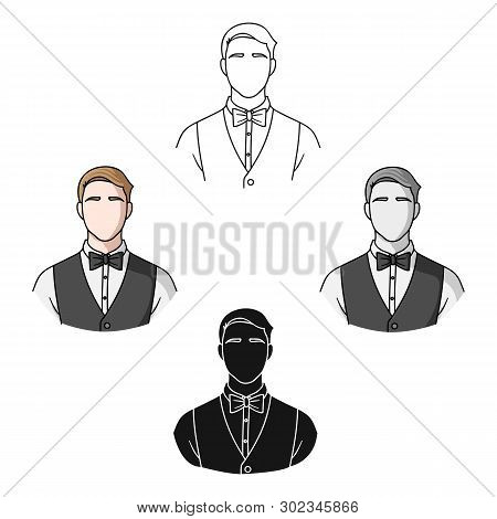 Restaurant Waiter With A Bow Tie Icon In Cartoon, Black Style Isolated On White Background. Restaura