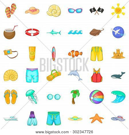 Aquatory Icons Set. Cartoon Set Of 36 Aquatory Icons For Web Isolated On White Background