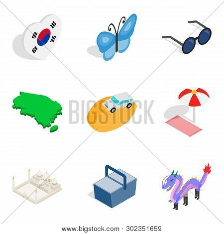 Suburban Residence Icons Set. Isometric Set Of 9 Suburban Residence Icons For Web Isolated On White 