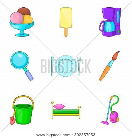 Household Articles Icons Set. Cartoon Set Of 9 Household Articles Icons For Web Isolated On White Ba