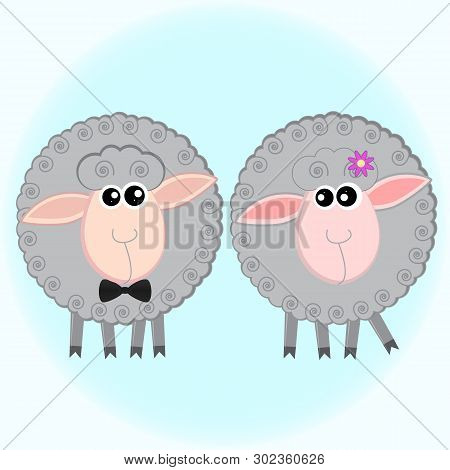 Stylized Vector Illustration  Of Two Funny Gray Sheep