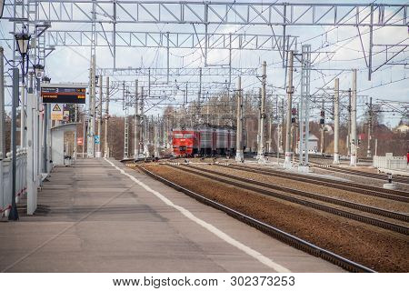 Russian Train On The Platform. Russia, Leningrad Region Lyuban March 24, 2019