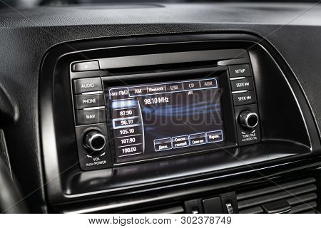 Novosibirsk, Russia - May 20, 2019:  Mazda Cx5,close-up Of The Dashboard, Navigator,radio, Player. P