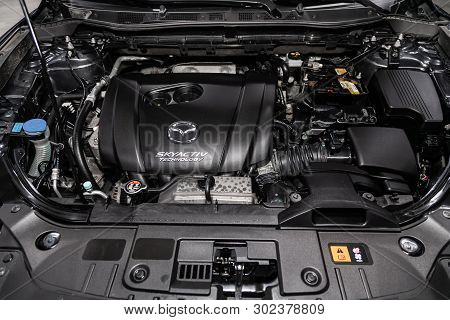 Novosibirsk, Russia - May 20, 2019:  Mazda Cx5, Close-up Of The Engine, Front View. Photography Of A