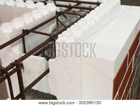 Insulating Concrete Forms Icf  With Metal Reinforced Concrete House Walls.