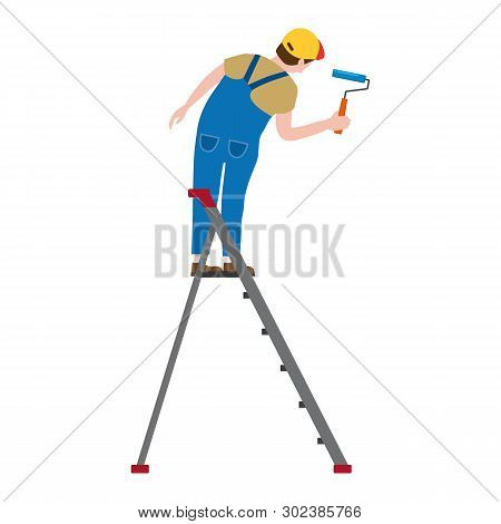 Painter Proffessional Character Man At Work. Male Painter In Uniform Applying Paint To Wall With Pai