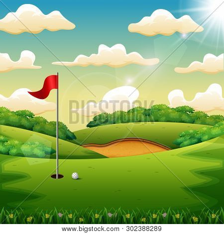 Illustration  Of Golf Ball And A Flag On Green Hill