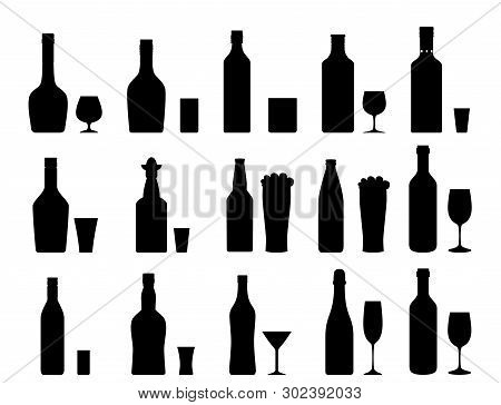 Alcohol Drinks Set Silhouette. Bottles With Glasses. Vodka Champagne Wine Whiskey Beer Brandy Tequil