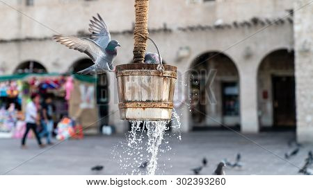 Doha, Qatar - February 2019: The Old Well Fountain And Pigeons In Front Of Al Fanar Buildings, Locat