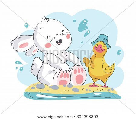 Vector Flat Summer Illustration Of Cute White Baby Bunny Character And Little Duck Sitting On Beach.