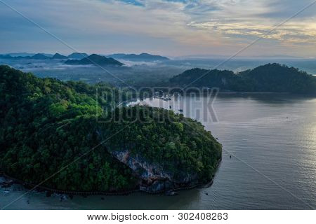 Aerial drone view of Pakbara small village during cloudy morning, Thailand