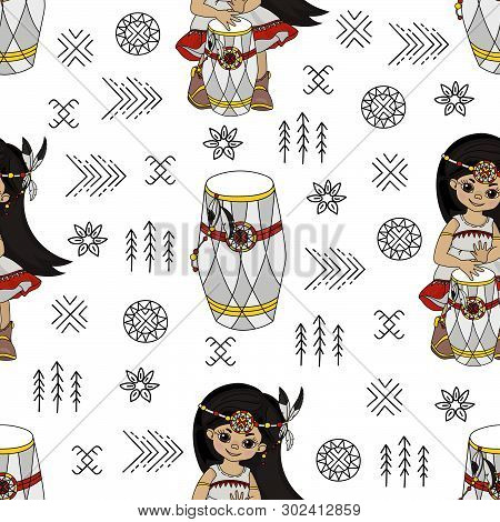 Pocahontas Rhythm American Native Folk Ethnic Culture Seamless Pattern Vector Illustration For Print
