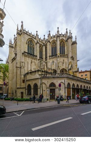 Lyon, France - May 09, 2019: The Saint-nizier Church,  With Locals And Visitors, In Lyon, France