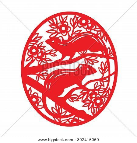 Red Paper Cut Art Rat Zodiac On Tree In Oval Frame Vector Design
