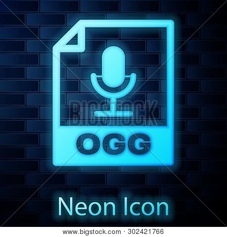 Glowing Neon Ogg File Document Icon. Download Ogg Button Icon Isolated On Brick Wall Background. Ogg