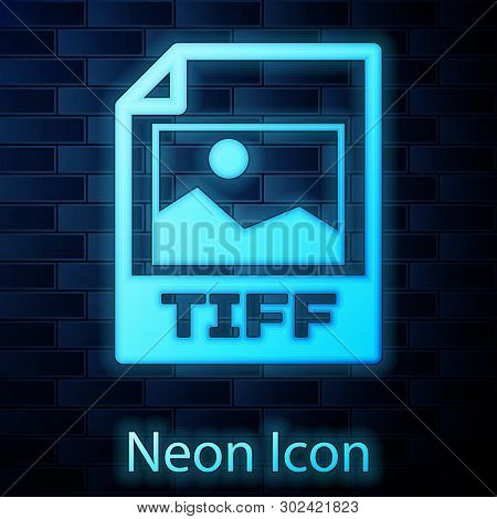 Glowing Neon Tiff File Document Icon. Download Tiff Button Icon Isolated On Brick Wall Background. T