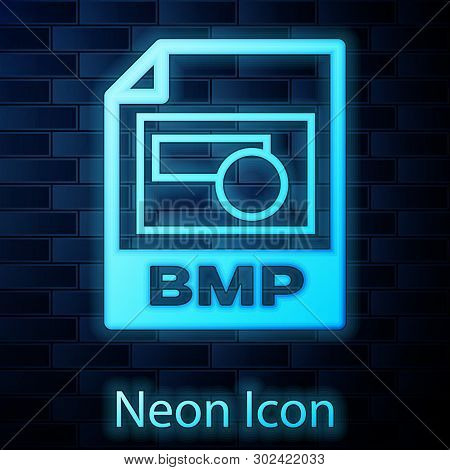 Glowing Neon Bmp File Document Icon. Download Bmp Button Icon Isolated On Brick Wall Background. Bmp