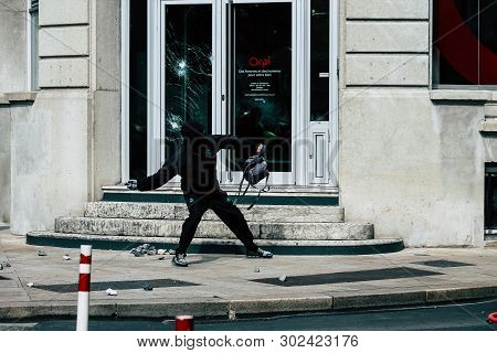 Reims France May 18, 2019 View Of The Rioters Destroying Shop Windows During Protests Of The Yellow 