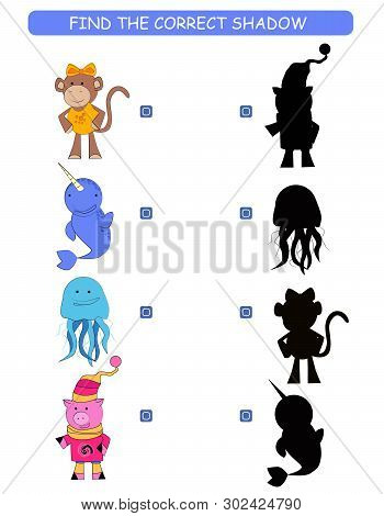 Find The Correct Shadow. Kids Educational Game. Cartoon Animal: Monkey, Pig, Narwhal, Jellyfish.