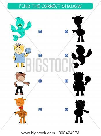 Find The Correct Shadow. Kids Educational Game. Cartoon Animal: Fish, Bull, Cow, Giraffe.