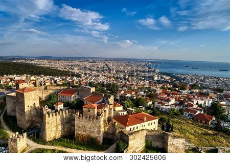 Aerial View Of The Old Byzantine Castle In The City Of Thessaloniki , Greece.