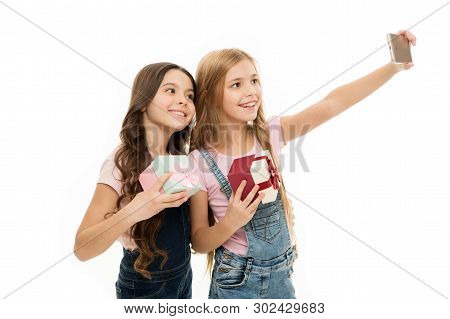 Like Fashion Models. Adorable Little Models Have Fun Shooting Self Portrait Photos. Happy Small Mode