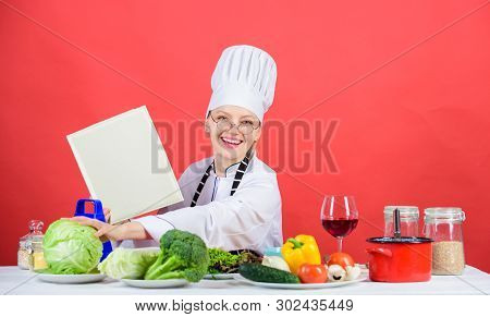 Chef Cooking Healthy Food. Girl Read Book Best Culinary Recipes. Culinary School Concept. Book By Fa