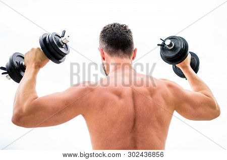 Man Sportsman Weightlifting. Steroids. Athletic Body. Dumbbell Gym. Fitness And Sport Equipment. Mus