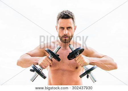 Go Wild. Success. Perfect Biceps. Muscular Man Exercising In Morning With Barbell. Man Sportsman Wei