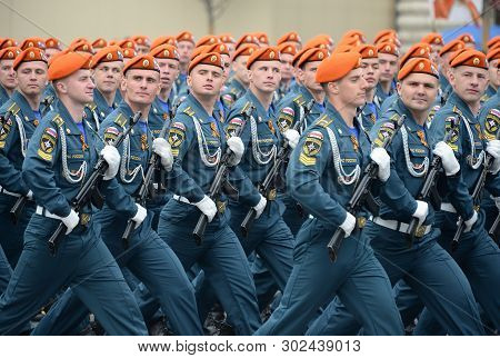 Moscow, Russia - May 9, 2019: Cadets Of The Academy Of Civil Protection Of Emercom Of Russia During 